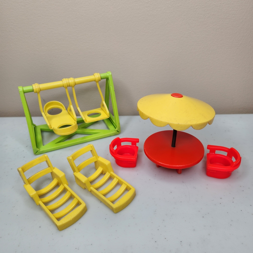 Vintage Fisher Price Little People Toy Lot Swing Set Chairs Furniture